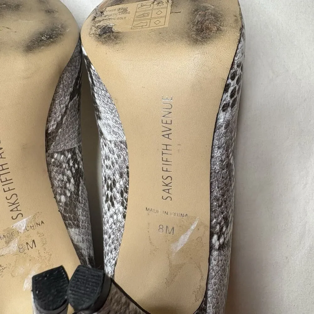 Saks Fifth Avenue Cady Cream Snake Black Multi Print Leather Heels Pumps Size 8M